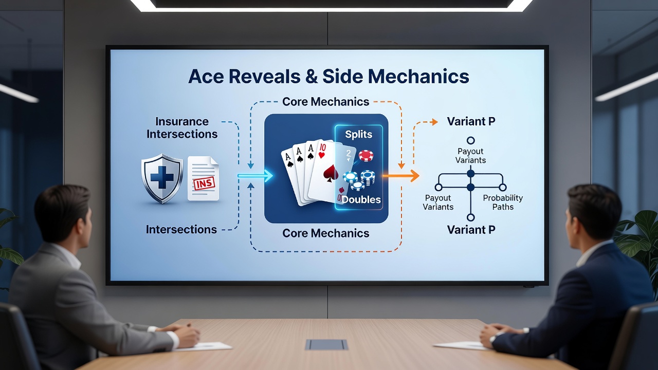 Close-up of dealer ace upcard with insurance betting circle and split hand indicators overlaid on a payout grid chart
